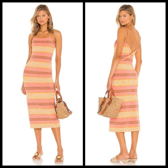 💕L*SPACE💕 Vanessa Dress ~ Beachy Keen Stripe 90's Midi Bodycon Large L NWT - Picture 1 of 13